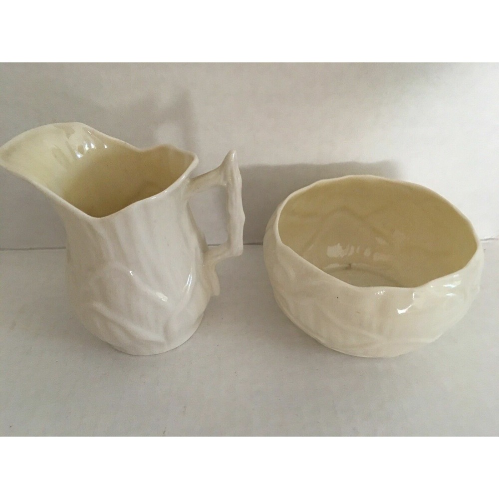 Vintage Belleek 1st Green Mark Lily White Porcelain Creamer & Sugar Bowl Mint